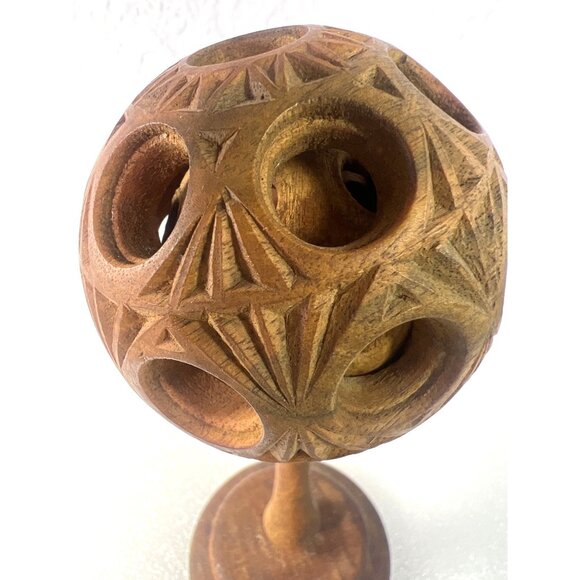 Vtg Hand-Carved Natural Wooden Puzzle Ball on Pedestal Folk Art Decor Ball in Ba - Picture 3 of 8